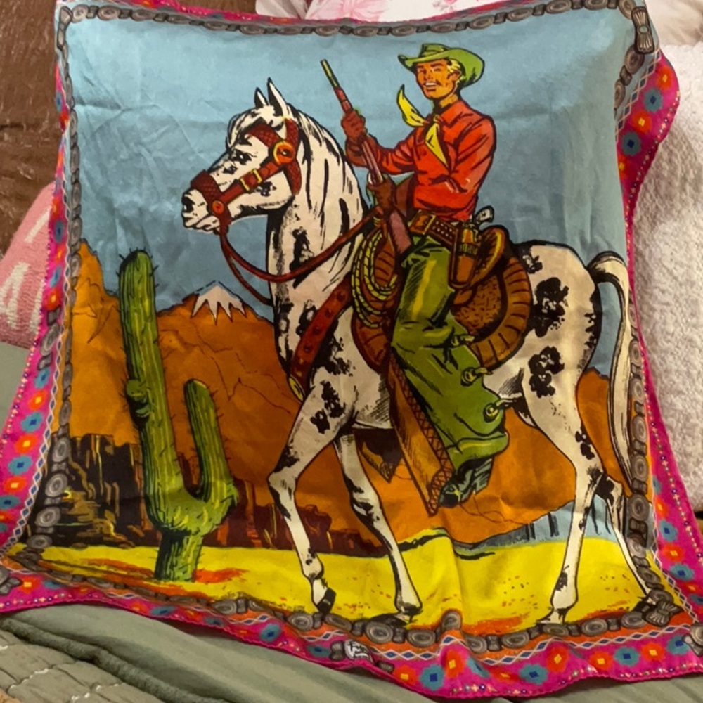 Vintage Western Cowboy Print Silk Scarf - Bright Multicolor